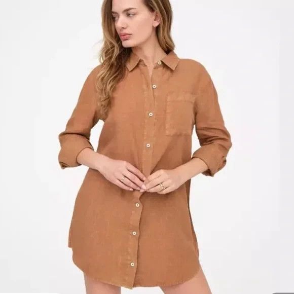 NWT Mate The Label 100% Linen Mini Button Down Shirt Dress SED Brown Sz M $158 - Picture 1 of 8